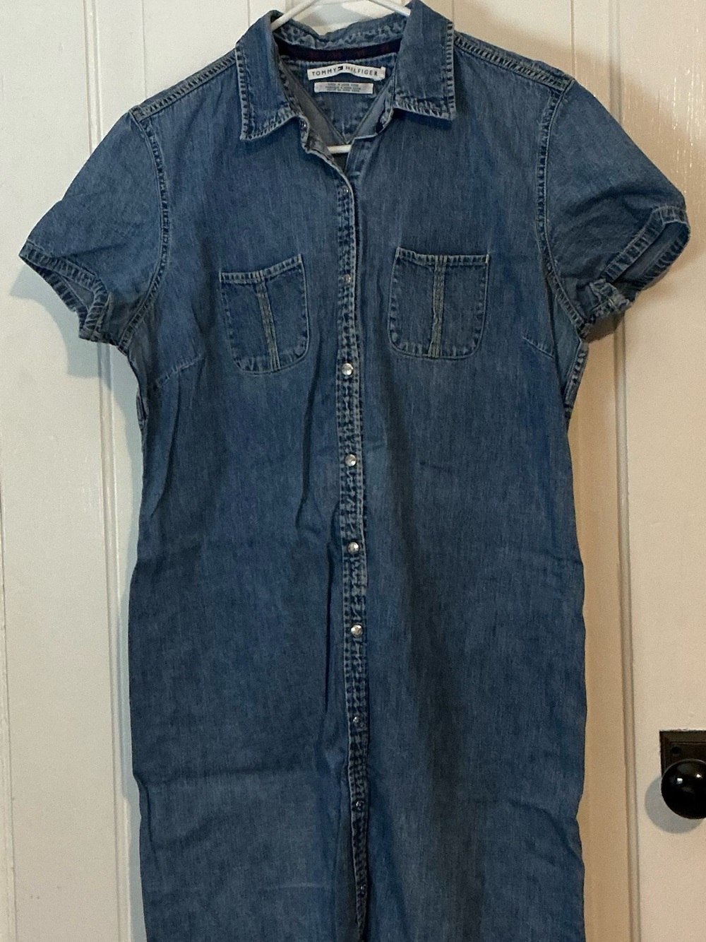 Tommy Hilfiger Blue Short-Sleeve Denim Women’s Jean Dress snap down 16 Y2K